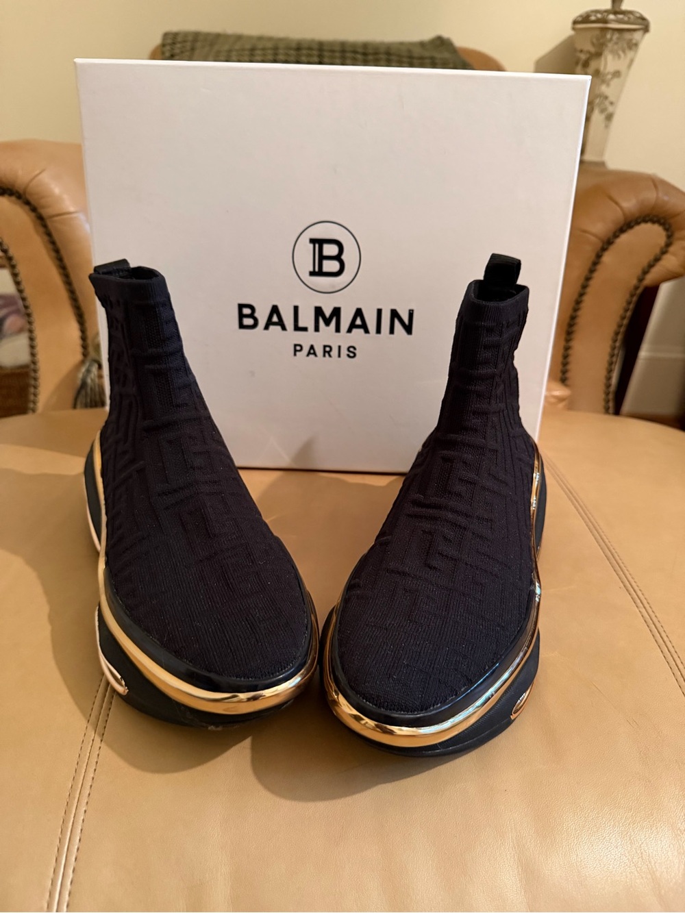 Balmain Women’s B Bold Hightop Monogram Knit Sneakers with Gold Trim